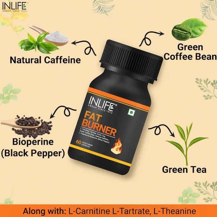 INLIFE Fat Burner Supplement for Men Women with L-Carnitine, Green Tea, Green Coffee Bean, Natural Caffeine, L-Theanine, Piperine Extract