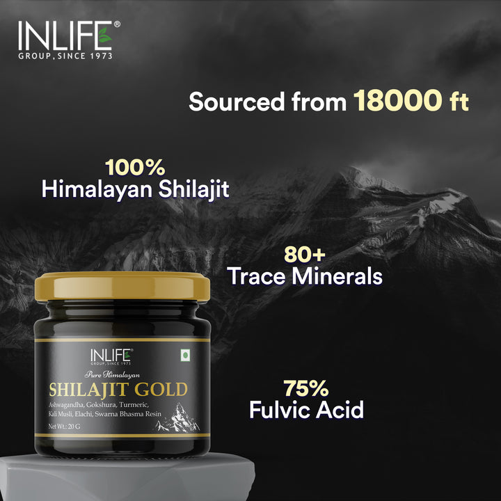 INLIFE Shilajit Gold 20g | Original Himalayan Shilajeet Resin with Ashwagandha, Tribulus, Turmeric, Kali Musli