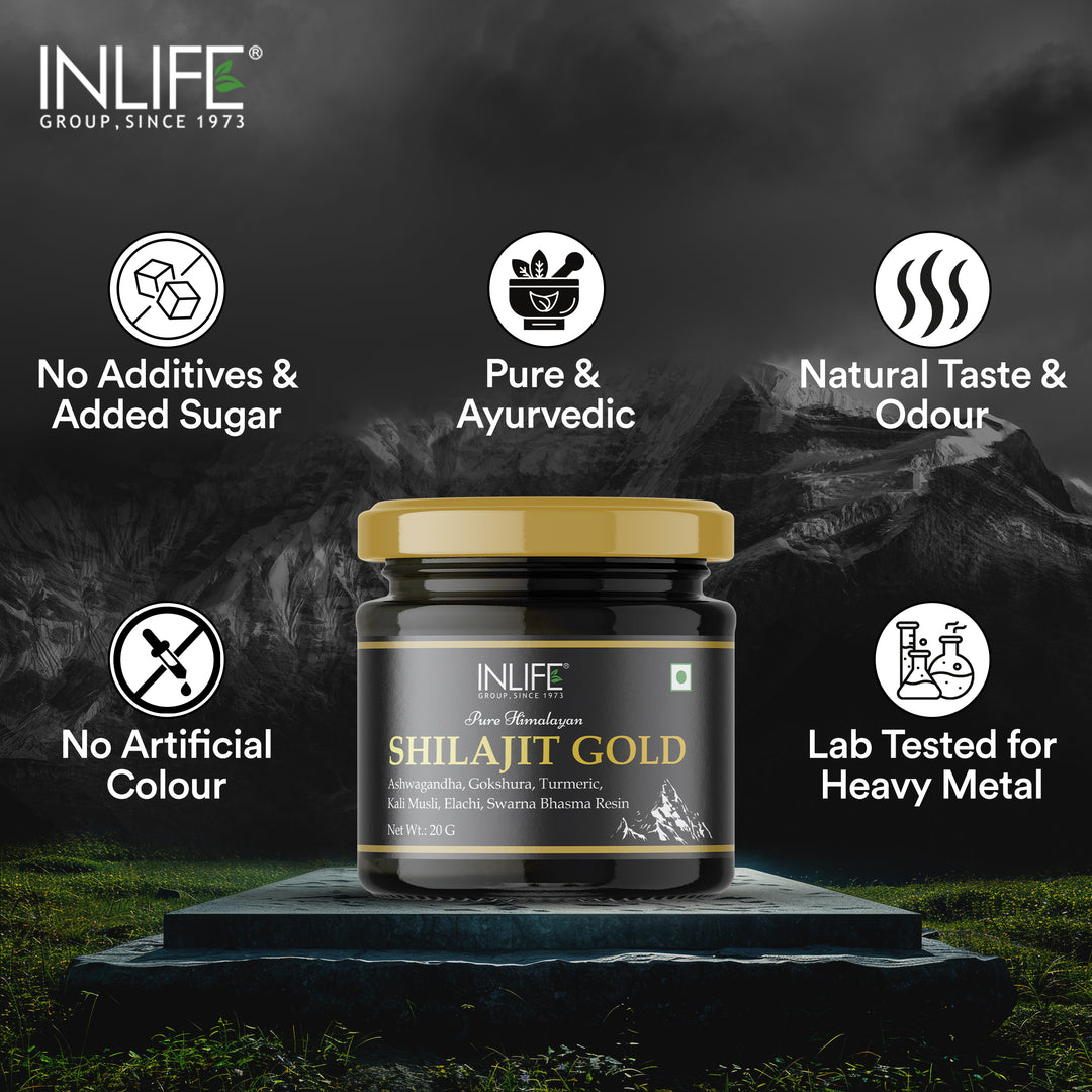 INLIFE Shilajit Gold 20g | Original Himalayan Shilajeet Resin with Ashwagandha, Tribulus, Turmeric, Kali Musli