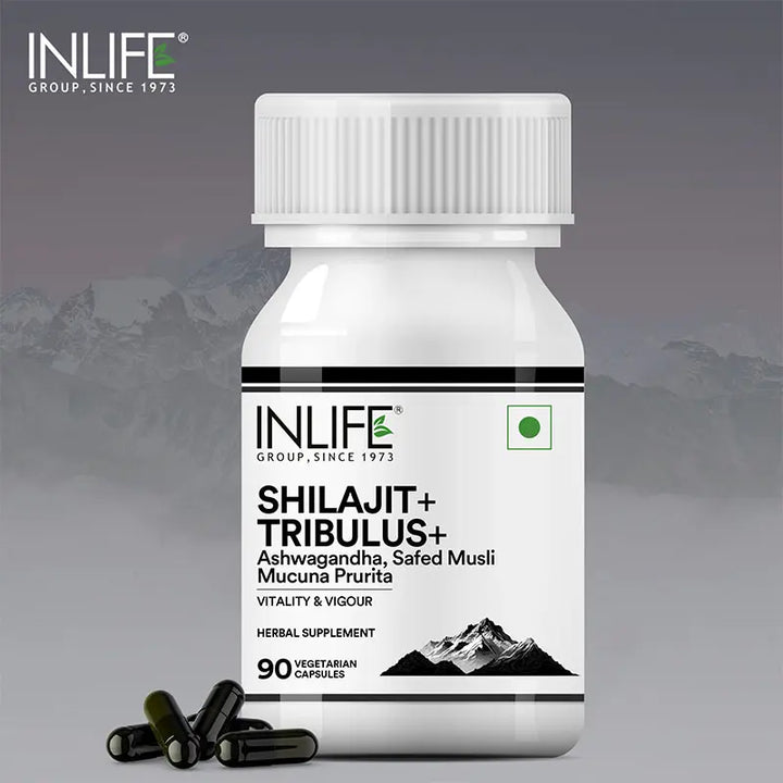 INLIFE Shilajit with Safed Musli | Ashwagandha, Tribulus (Gokshura) Capsules For Men and Women | Strength and Stamina | Ayurvedic Wellness Supplement