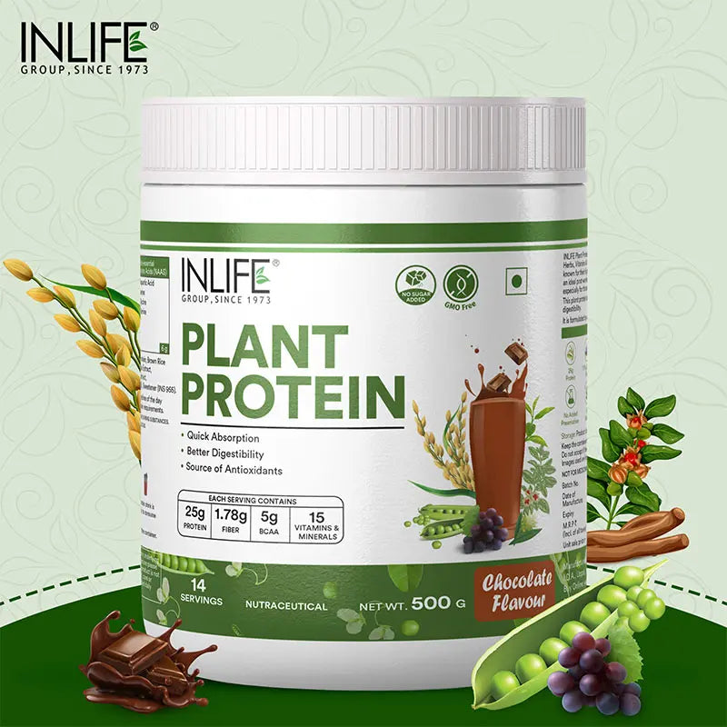 INLIFE Plant Protein Powder - Pea, Quinoa & Brown Rice - 25g Protein - Ashwagandha, Green Tea & Grape Seed Extract | Digestive Enzymes Bodybuilding Supplement