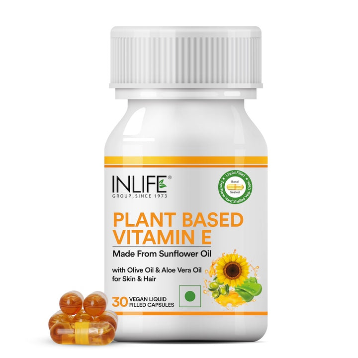 INLIFE Plant Based Natural Vitamin E | Sunflower Olive and Aloe Vera Oil | Face Hair Skin Health Supplement - 30 Liquid Filled Vegetarian Capsules