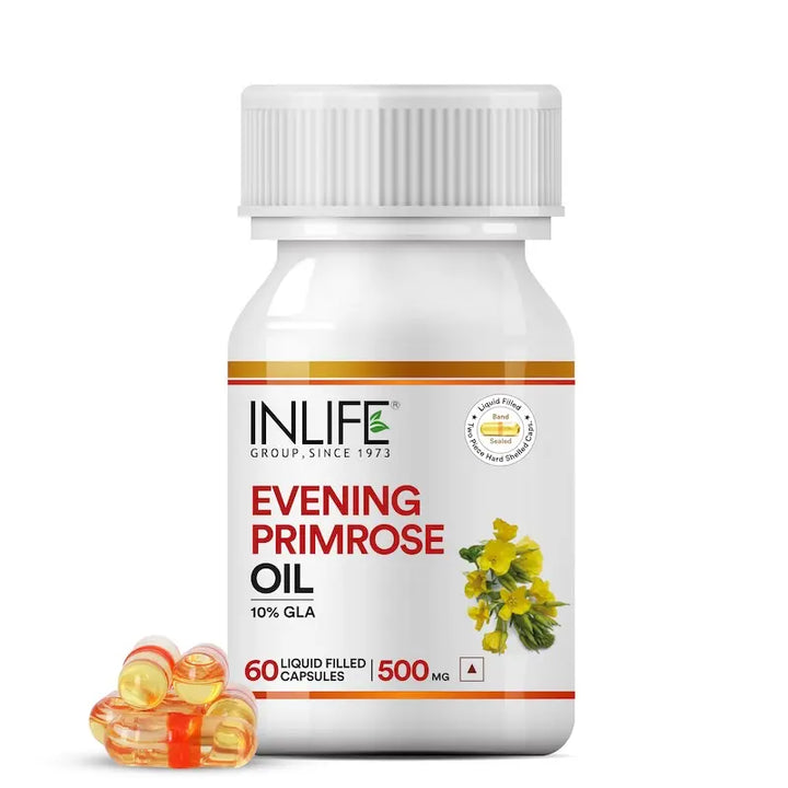 INLIFE Evening Primrose Oil Capsules 500mg | 10% Gamma Lionlenic Acid | Supplement for Hair and Skin - 60 Liquid Filled Capsules