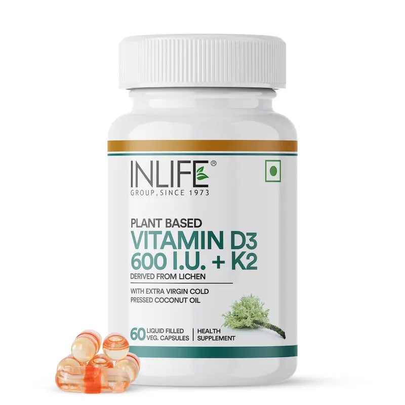 INLIFE Plant Based Vitamin D3 K2 Supplement, 600 IU - 60 Vegetarian Capsules