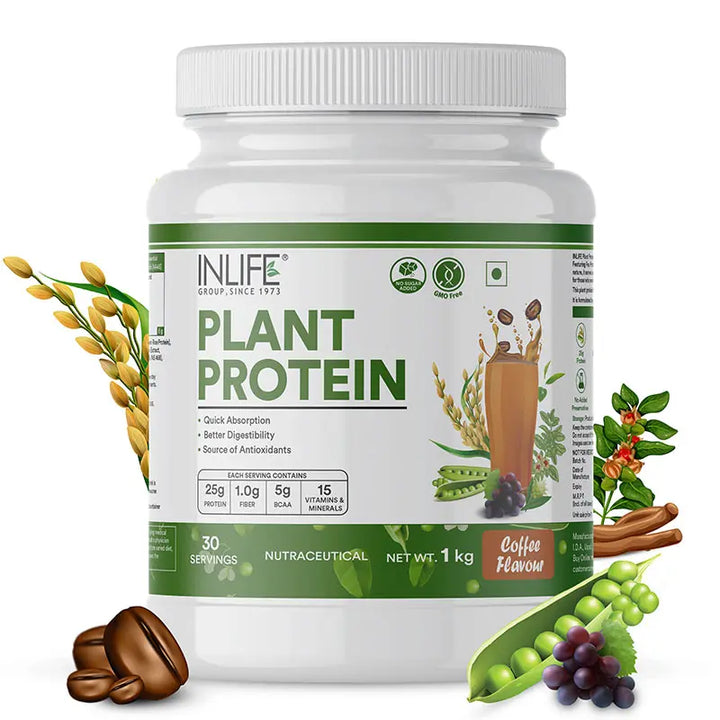 INLIFE Plant Protein Powder - Pea, Quinoa & Brown Rice - 25g Protein - Ashwagandha, Green Tea & Grape Seed Extract | Digestive Enzymes Bodybuilding Supplement