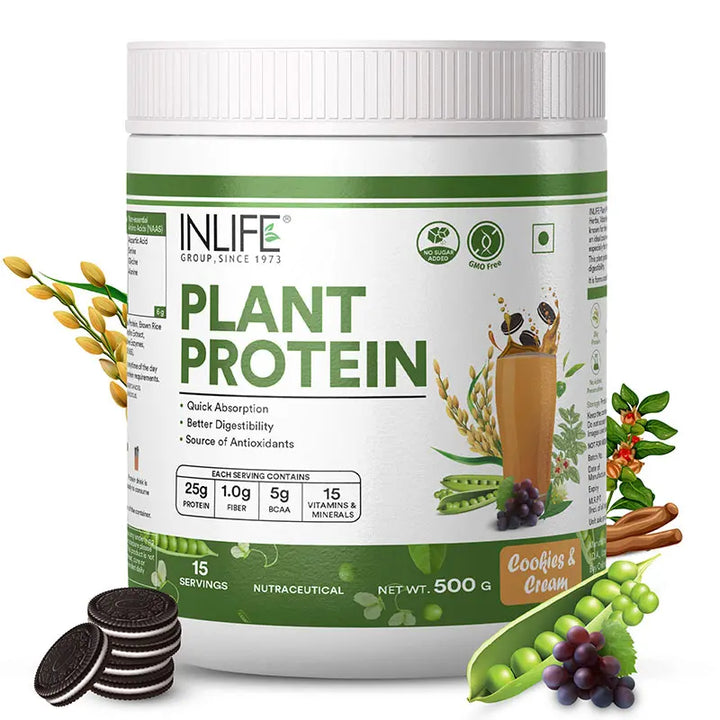 INLIFE Plant Protein Powder - Pea, Quinoa & Brown Rice - 25g Protein - Ashwagandha, Green Tea & Grape Seed Extract | Digestive Enzymes Bodybuilding Supplement