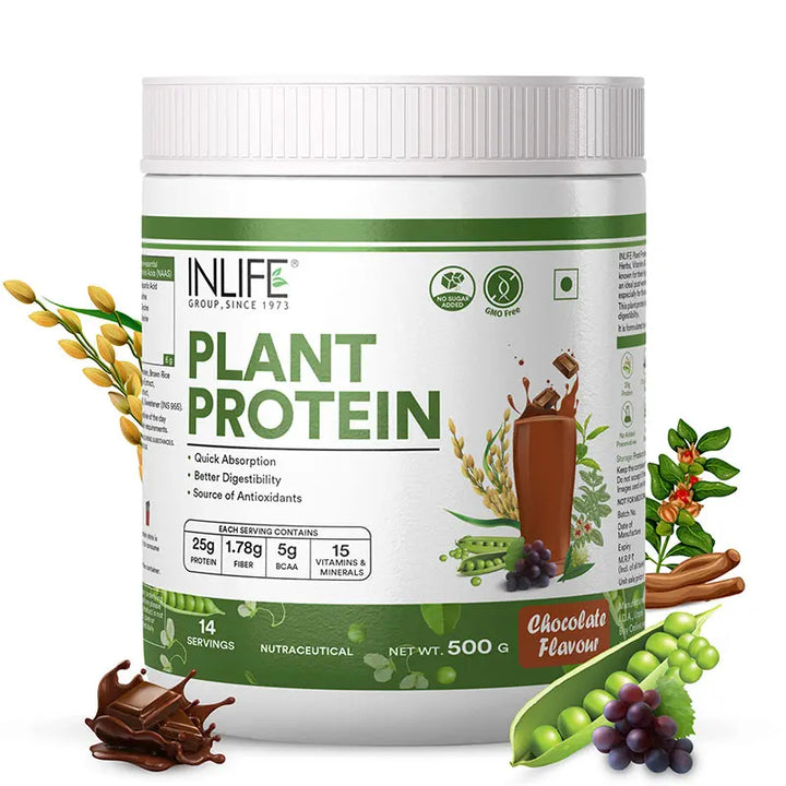 INLIFE Plant Protein Powder - Pea, Quinoa & Brown Rice - 25g Protein - Ashwagandha, Green Tea & Grape Seed Extract | Digestive Enzymes Bodybuilding Supplement