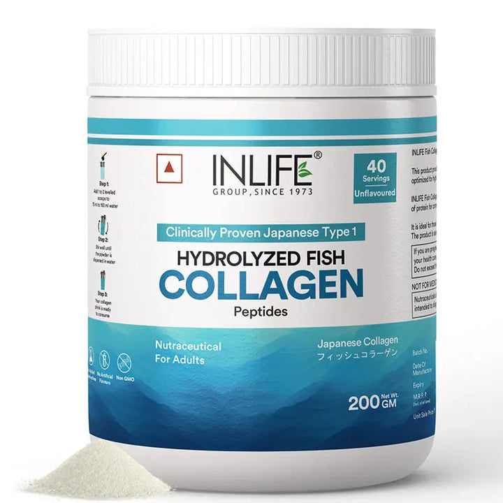 INLIFE Hydrolyzed Marine Fish Collagen Peptides Powder, Clinically Proven & Patented Ingredient, Skin Health, 200g (Unflavoured)