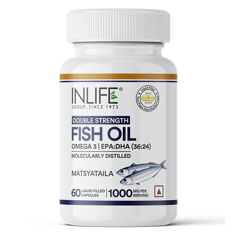 INLIFE Fish Oil Omega 3 Capsule 1000mg | Double Strength | Supplement for Heart, Brain and Joint Health for Men Women | EPA:DHA 36:24 - 60 Liquid Filled Capsules