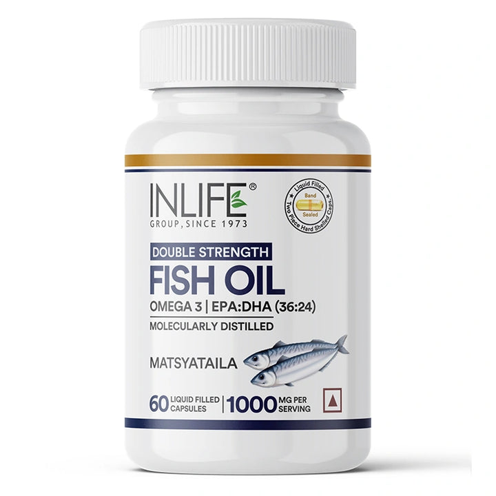 INLIFE Fish Oil Omega 3 Capsule 1000mg | Double Strength | Supplement for Heart, Brain and Joint Health for Men Women | EPA:DHA 36:24 - 60 Liquid Filled Capsules