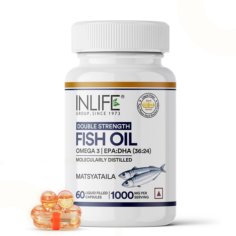 INLIFE Fish Oil Omega 3 Capsule 1000mg | Double Strength | Supplement for Heart, Brain and Joint Health for Men Women | EPA:DHA 36:24 - 60 Liquid Filled Capsules