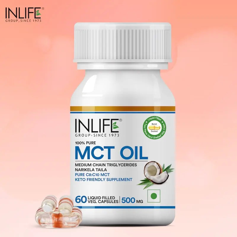 INLIFE Pure MCT Oil C8 C10 Keto Diet Friendly | Food Supplement, 500mg - 60 Liquid Filled Vegetarian Capsules