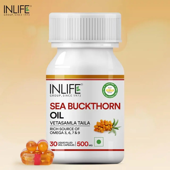 INLIFE Sea Buckthorn Oil Capsules 500mg | Omega 3 6 7 9 Supplement for Skin and Overall Wellness - 30 Liquid Filled Vegetarian Capsules