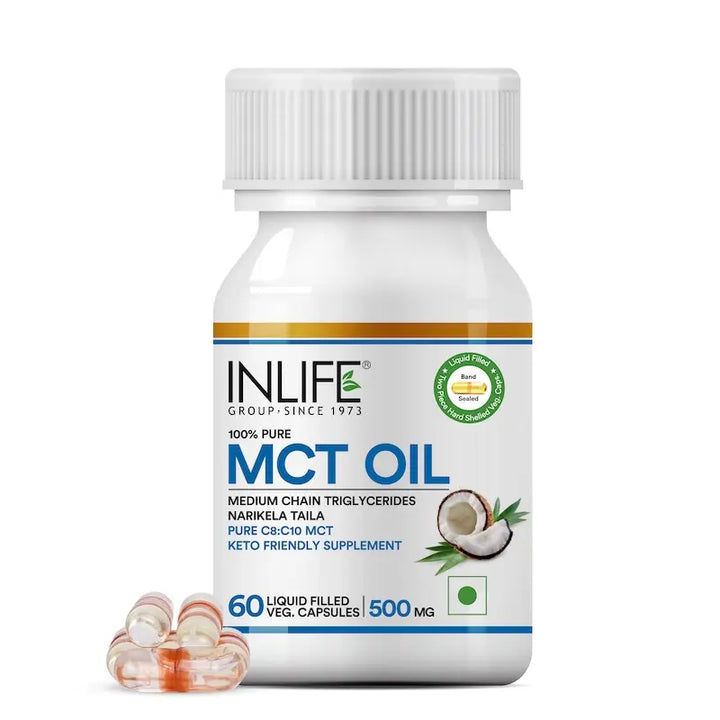 INLIFE Pure MCT Oil C8 C10 Keto Diet Friendly | Food Supplement, 500mg - 60 Liquid Filled Vegetarian Capsules