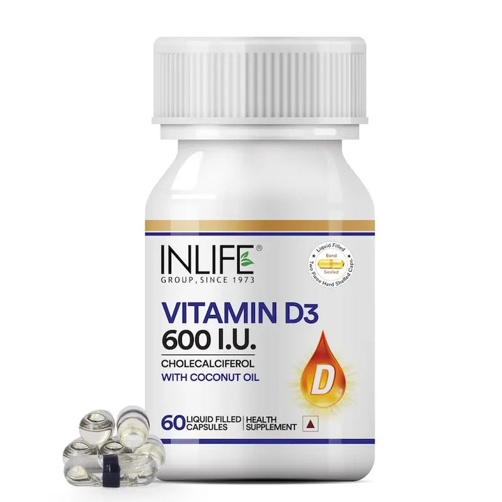 INLIFE Vitamin D3 600 IU Cholecalciferol Supplement with Coconut Oil - 60 Liquid Filled Capsules