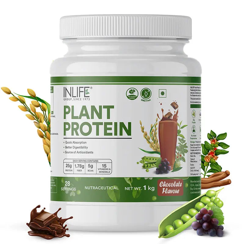 INLIFE Plant Protein Powder - Pea, Quinoa & Brown Rice - 25g Protein - Ashwagandha, Green Tea & Grape Seed Extract | Digestive Enzymes Bodybuilding Supplement