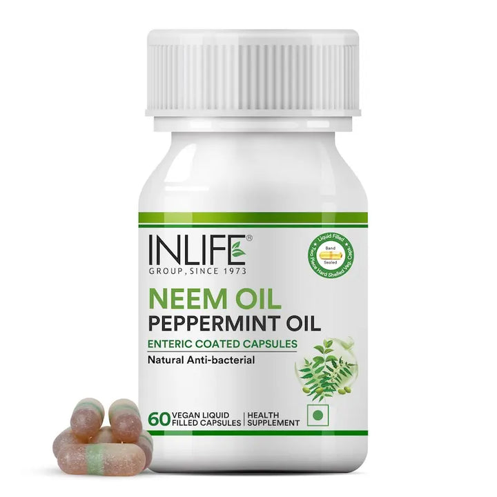 INLIFE Neem Oil 350mg with Peppermint Oil 150mg | Digestive Health & Skin, Hair Care Supplement | Enteric Coated Capsules – 60 Liquid Filled Vegetarian Capsules