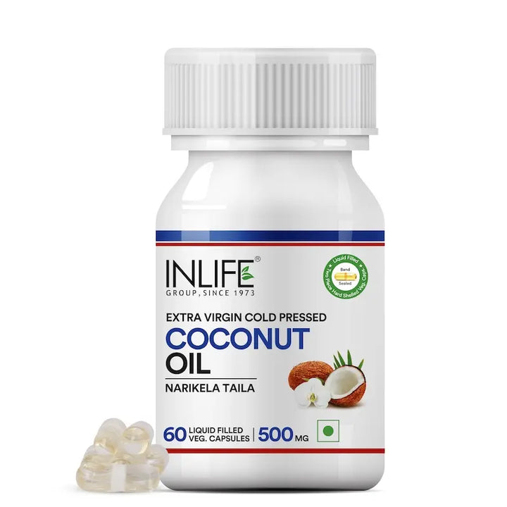 INLIFE Coconut Oil Capsules | Extra Virigin Cold Pressed | 500mg per Serving | Supports Keto & Well-being - 60 Vegetarian Capsules