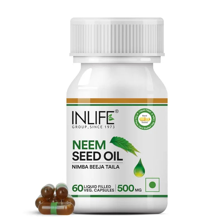 INLIFE Neem Seed Oil Capsules | Rich in Antioxidants | Health Supplement for Men Women, 500mg - 60 Liquid Filled Vegetarian Capsules