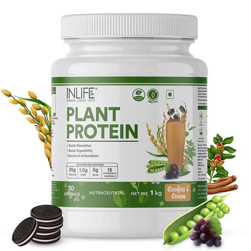 INLIFE Plant Protein Powder - Pea, Quinoa & Brown Rice - 25g Protein - Ashwagandha, Green Tea & Grape Seed Extract | Digestive Enzymes Bodybuilding Supplement