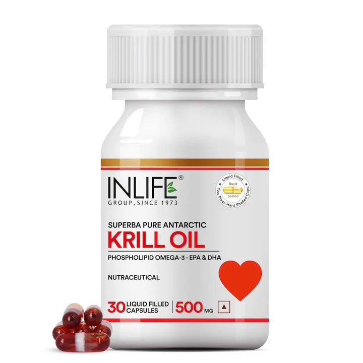 INLIFE Krill Oil Omega 3 Capsule | Pristine Water of Antractica | Omega 3 EPA DHA, Choline, Phospholipids and Astaxanthin Supplement, 500mg - 30 Liquid Filled Capsules