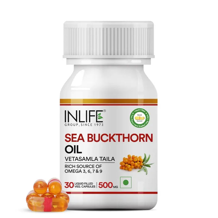 INLIFE Sea Buckthorn Oil Capsules 500mg | Omega 3 6 7 9 Supplement for Skin and Overall Wellness - 30 Liquid Filled Vegetarian Capsules