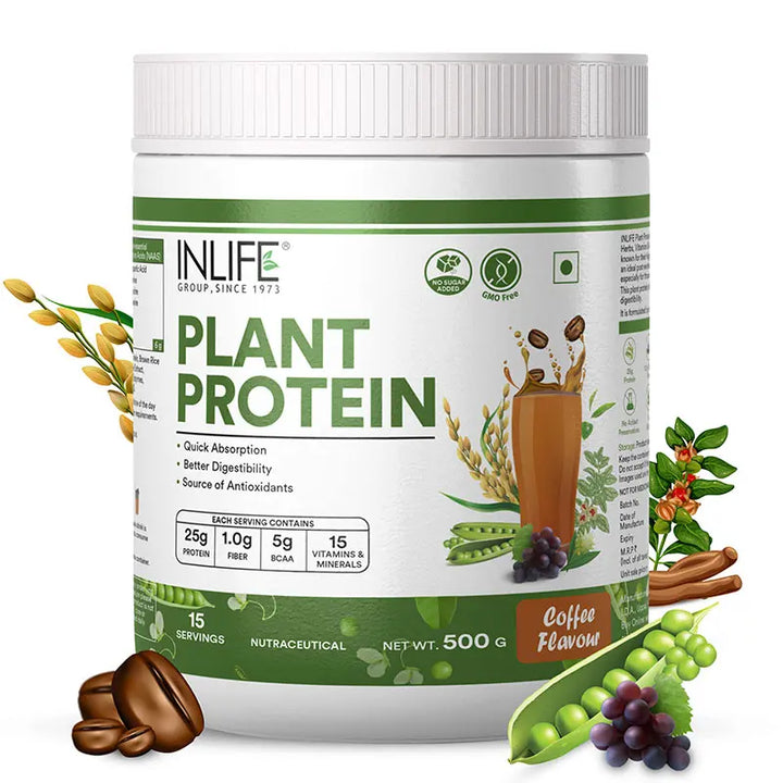 INLIFE Plant Protein Powder - Pea, Quinoa & Brown Rice - 25g Protein - Ashwagandha, Green Tea & Grape Seed Extract | Digestive Enzymes Bodybuilding Supplement