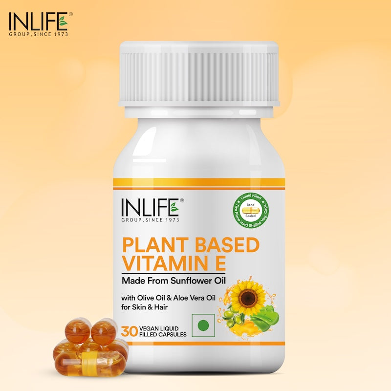 INLIFE Plant Based Natural Vitamin E | Sunflower Olive and Aloe Vera Oil | Face Hair Skin Health Supplement - 30 Liquid Filled Vegetarian Capsules