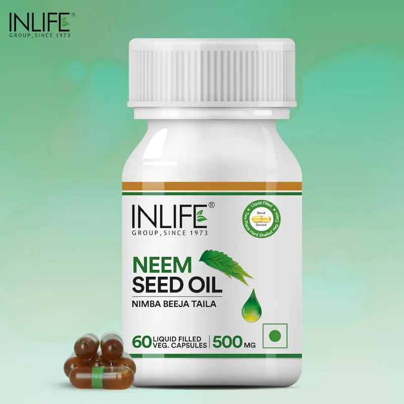 INLIFE Neem Seed Oil Capsules | Rich in Antioxidants | Health Supplement for Men Women, 500mg - 60 Liquid Filled Vegetarian Capsules