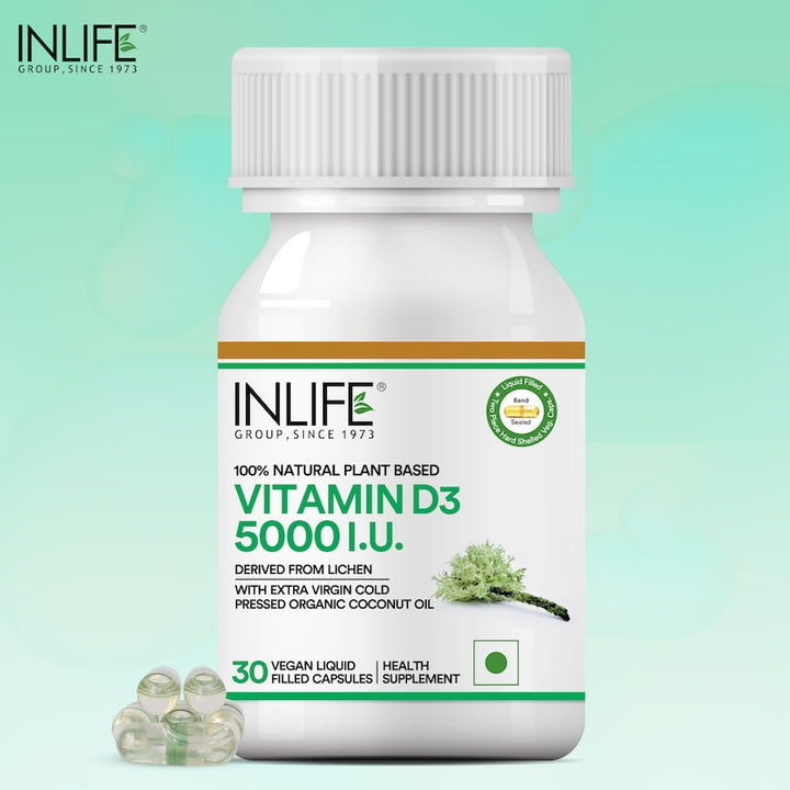 INLIFE Plant Based Vegan Vitamin D3 from Lichen 5000 IU - 30 Liquid Filled Vegetarian Capsules