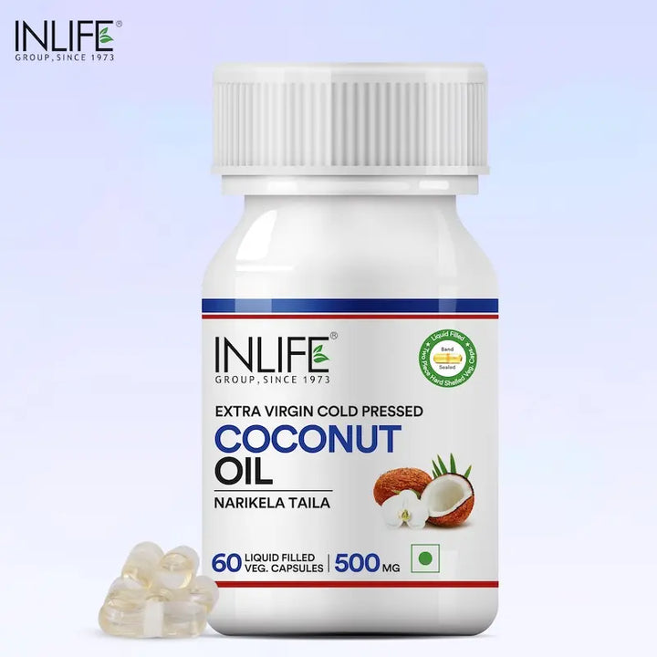 INLIFE Coconut Oil Capsules | Extra Virigin Cold Pressed | 500mg per Serving | Supports Keto & Well-being - 60 Vegetarian Capsules