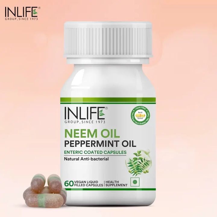 INLIFE Neem Oil 350mg with Peppermint Oil 150mg | Digestive Health & Skin, Hair Care Supplement | Enteric Coated Capsules – 60 Liquid Filled Vegetarian Capsules