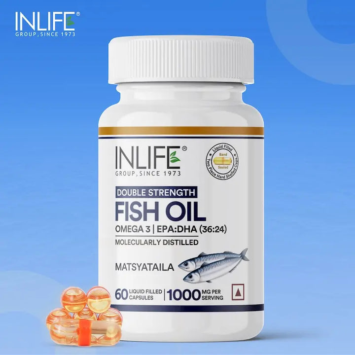 INLIFE Fish Oil Omega 3 Capsule 1000mg | Double Strength | Supplement for Heart, Brain and Joint Health for Men Women | EPA:DHA 36:24 - 60 Liquid Filled Capsules