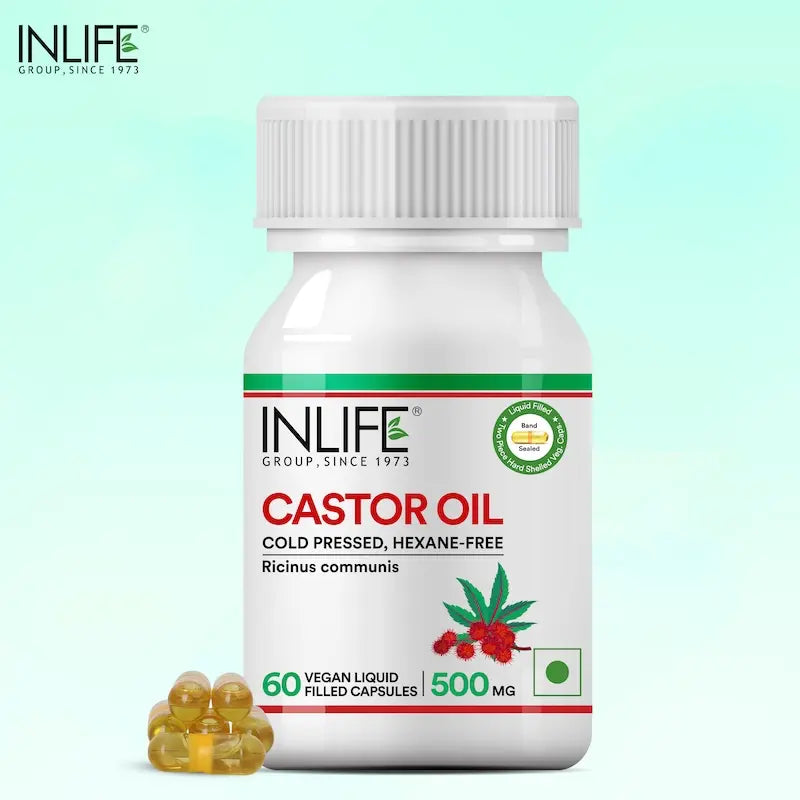 INLIFE Castor Oil Supplement for Hair and Skin, Natural Laxative, 500mg