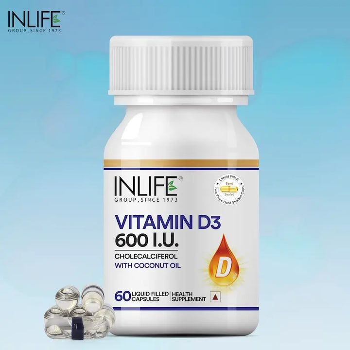 INLIFE Vitamin D3 600 IU Cholecalciferol Supplement with Coconut Oil - 60 Liquid Filled Capsules