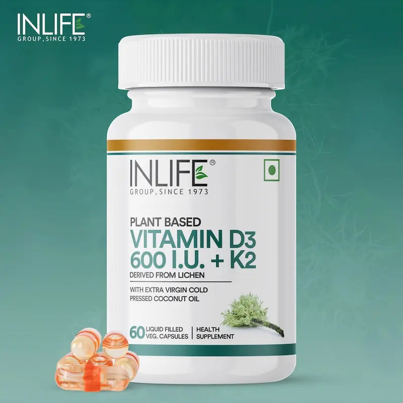 INLIFE Plant Based Vitamin D3 K2 Supplement, 600 IU - 60 Vegetarian Capsules