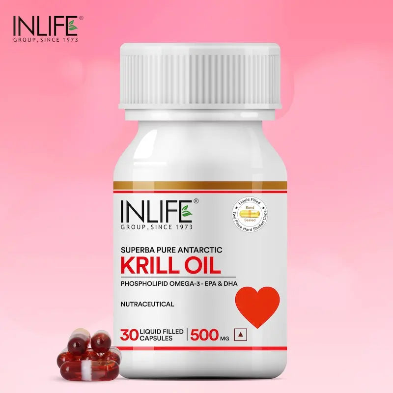 INLIFE Krill Oil Omega 3 Capsule | Pristine Water of Antractica | Omega 3 EPA DHA, Choline, Phospholipids and Astaxanthin Supplement, 500mg - 30 Liquid Filled Capsules