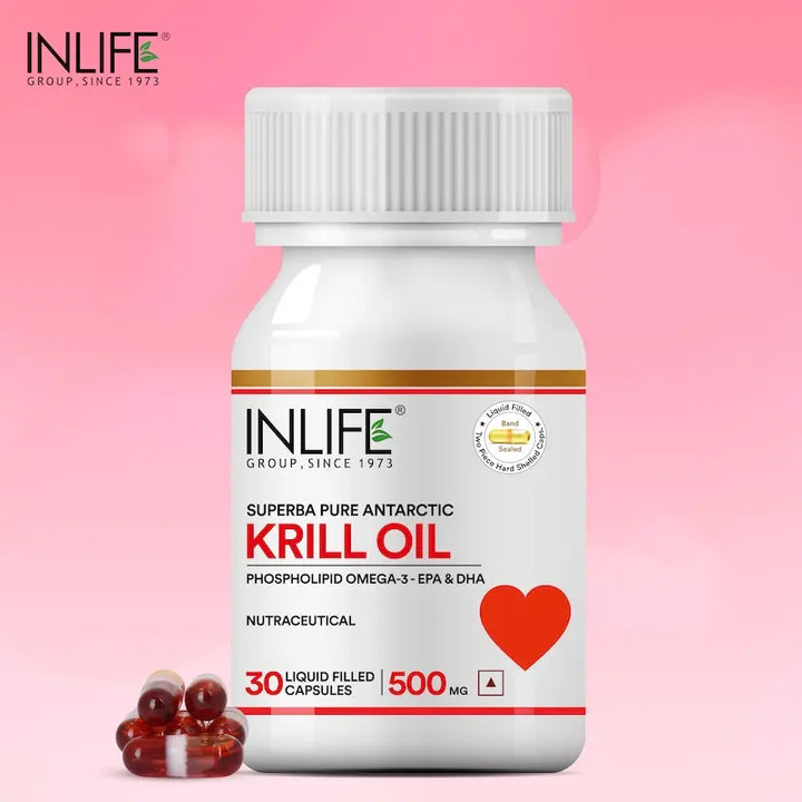 INLIFE Krill Oil Omega 3 Capsule | Pristine Water of Antractica | Omega 3 EPA DHA, Choline, Phospholipids and Astaxanthin Supplement, 500mg - 30 Liquid Filled Capsules