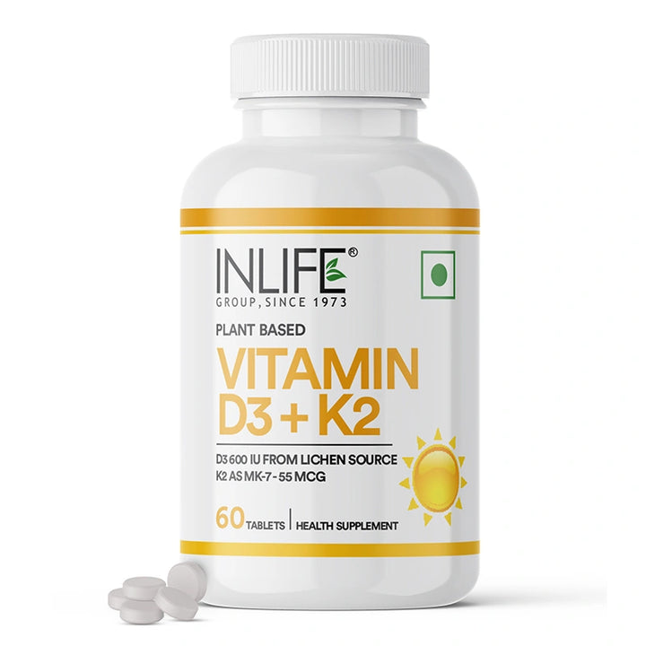 Inlife Plant-Based Vitamin D3 + K2 (MK7), 600 IU Lichen-Sourced D3 & 55 mcg MK7, Veg. Tablets