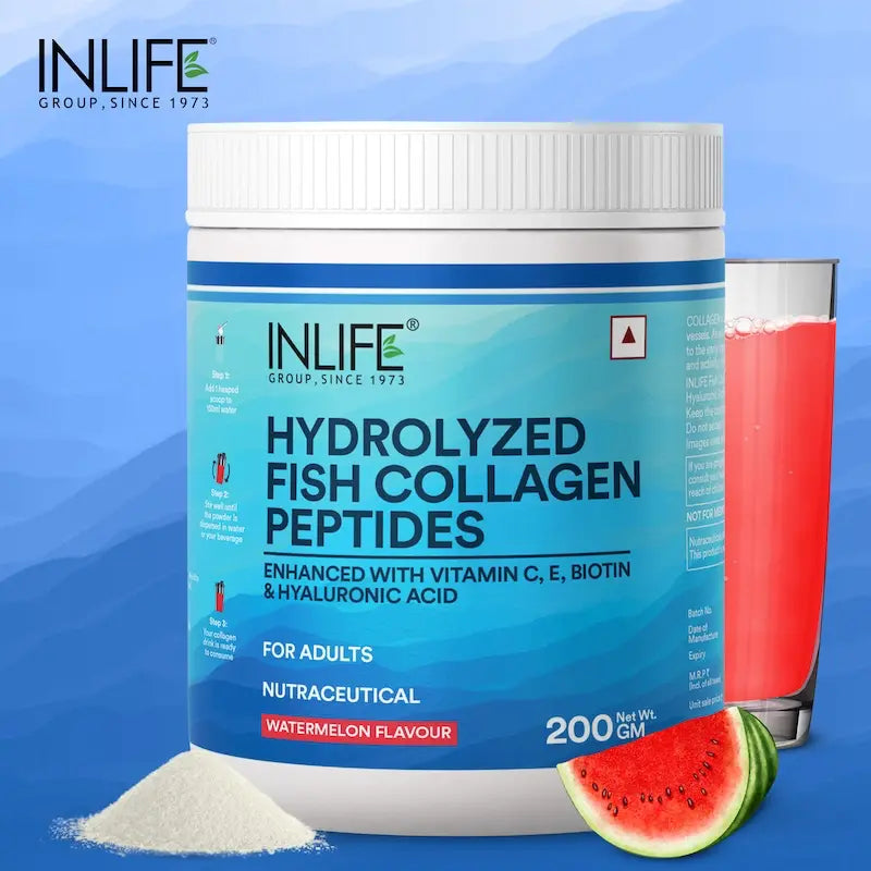 Inlife Hydrolyzed Fish Collagen Peptides Supplement | Enhanced with Vitamin E, Vitamin C, Biotin, Hyaluronic Acid 200g