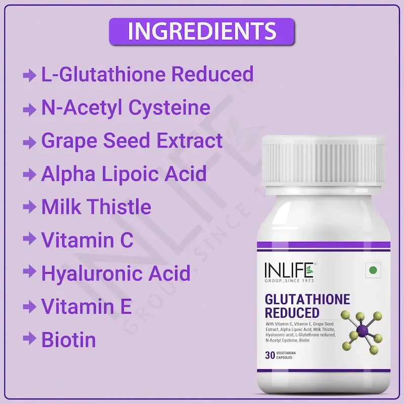 INLIFE L Glutathione Capsules 1000mg | Vitamin C Milk Thistle Grape Seed Extract Biotin | Skin and Liver Health Supplement for Men Women