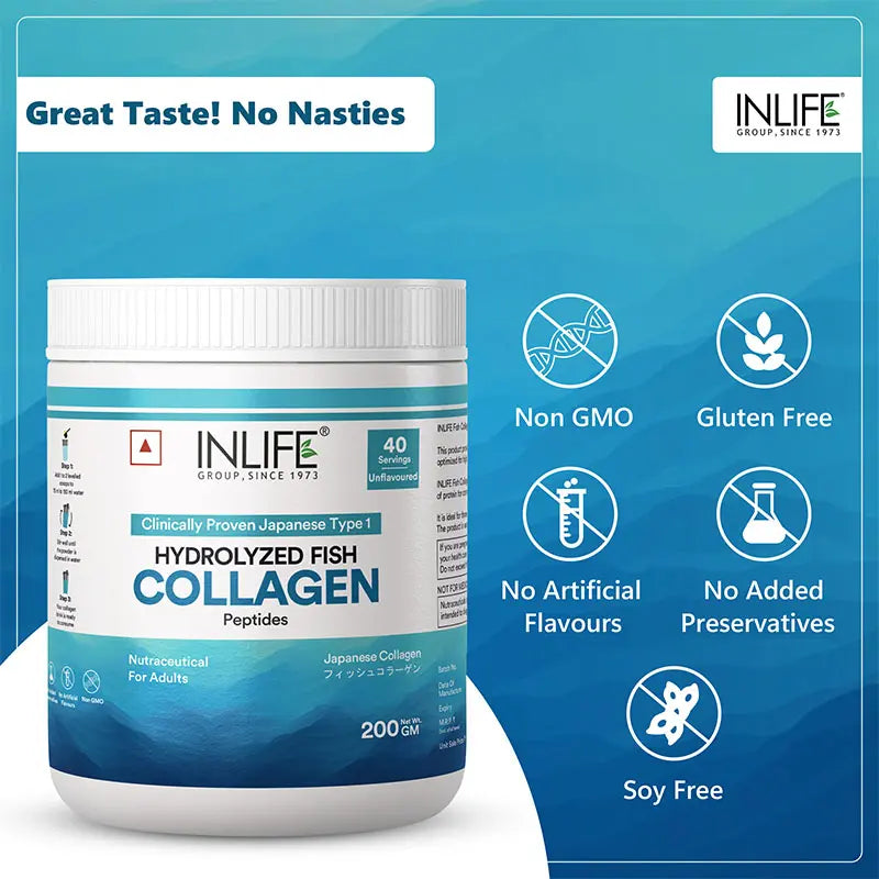 INLIFE Hydrolyzed Marine Fish Collagen Peptides Powder, Clinically Proven & Patented Ingredient, Skin Health, 200g (Unflavoured)