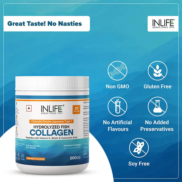 INLIFE Japanese Marine Collagen Supplements for Women & Men | Fish Collagen Powder for Skin & Hair | Clinically Proven Ingredient with Biotin, Hyaluronic Acid, Vitamin C & Glucosamine