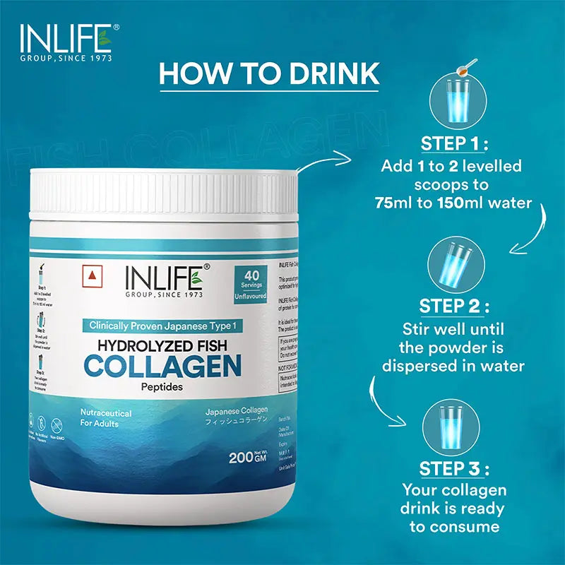 INLIFE Hydrolyzed Marine Fish Collagen Peptides Powder, Clinically Proven & Patented Ingredient, Skin Health, 200g (Unflavoured)