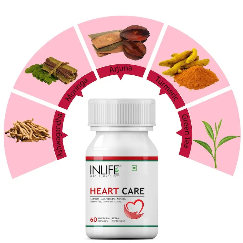 INLIFE Heart Care Supplement, with Ayurvedic Herbs | Arjuna, Moringa, Ashwagandha, Turmeric, Green Tea