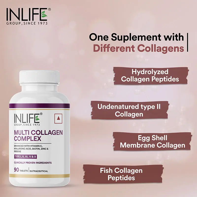 INLIFE Multi Collagen Complex Tablets | 5 Types Peptides I, II, III, V & X with Biotin, Hyaluronic Acid | Collagen Powder Supplements for Women & Men