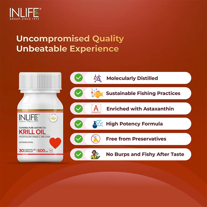 INLIFE Krill Oil Capsules key features, emphasizing Superba Krill Oil from deep Antarctic waters, sustainable fishing, molecular distillation for purity, high potency, enriched with natural astaxanthin, and a burp-free, no fishy aftertaste experience.