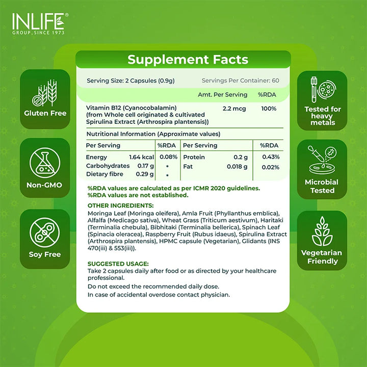 INLIFE Plant Based Vitamin B12 Supplements for Men & Women | Supports Nerve Health & Brain Health | Superfood Formula | B12 from Spirulina Extract