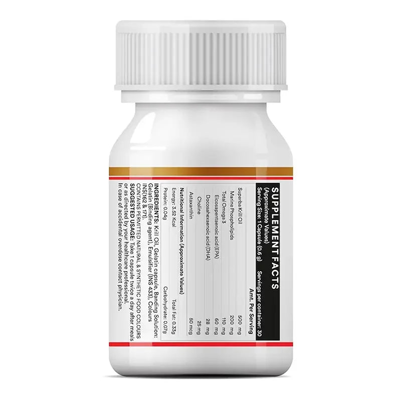  Label of krill oil capsules displaying storage info, batch & manufacturer details, compliance logos