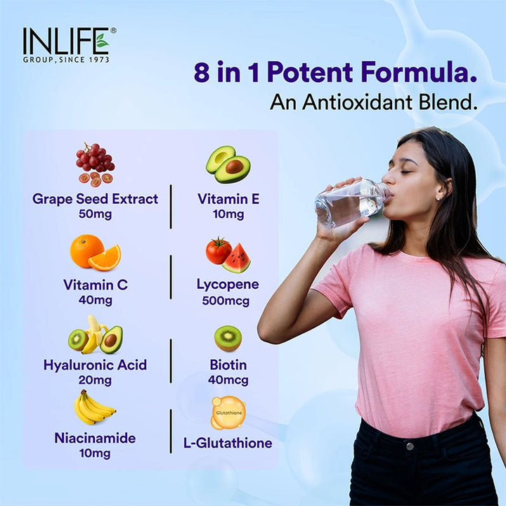 INLIFE L Glutathione Capsules 1000mg | Vitamin C Milk Thistle Grape Seed Extract Biotin | Skin and Liver Health Supplement for Men Women